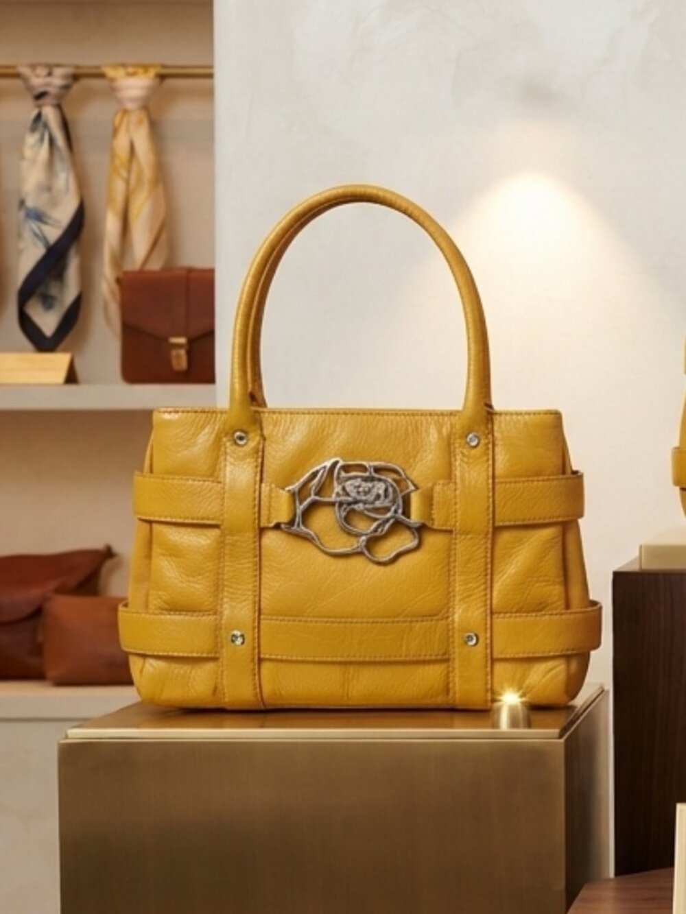 Franco Sarto Mustard Yellow Leather Tote with Floral Hardware